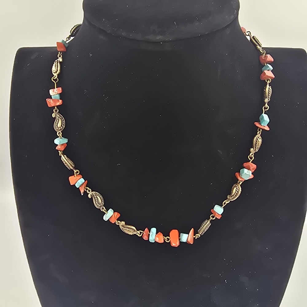 Blue Red Stone Beaded Necklace Southwestern Boho Brass Tone